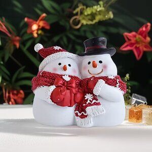 Snowman Couple in Scarfs and Hats Resin Holiday Tabletop Decor, 3" x 3"